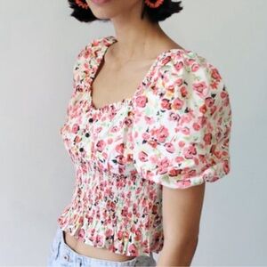 ZARA Floral Puff Sleeve Smocked Top SIZE M NWOT